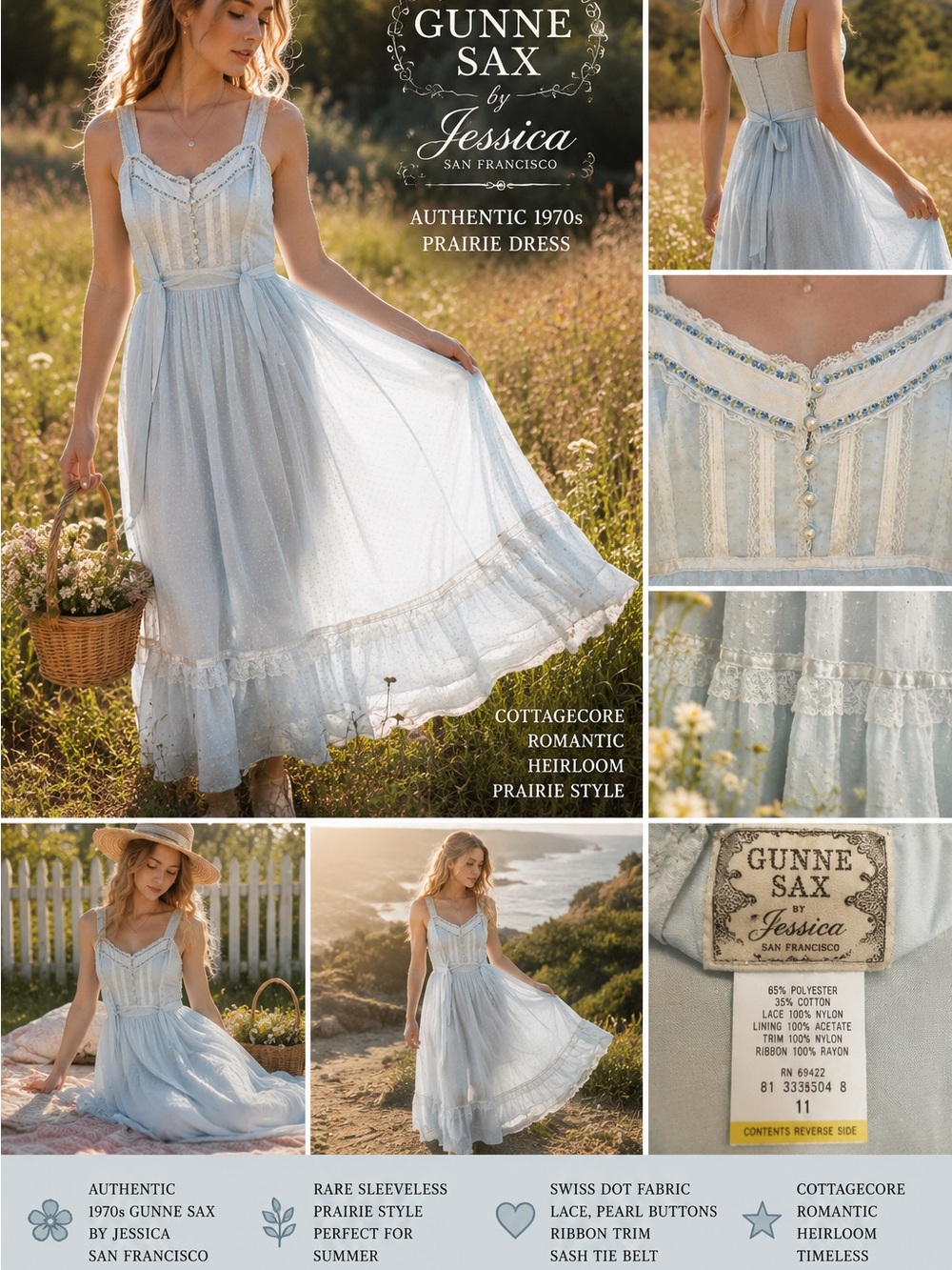 VTG Gunne Sax Prairie Dress Blue Swiss Dot Cottagecore Maxi Sun Dress 70s S EUC
